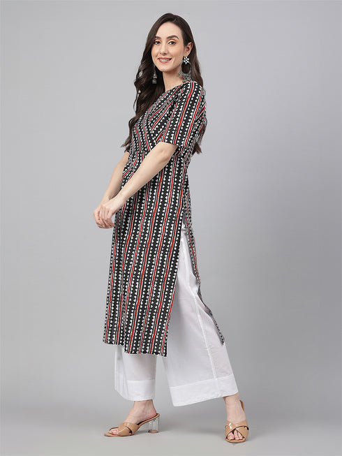 Black Cotton Geometric Printed Straight Kurta